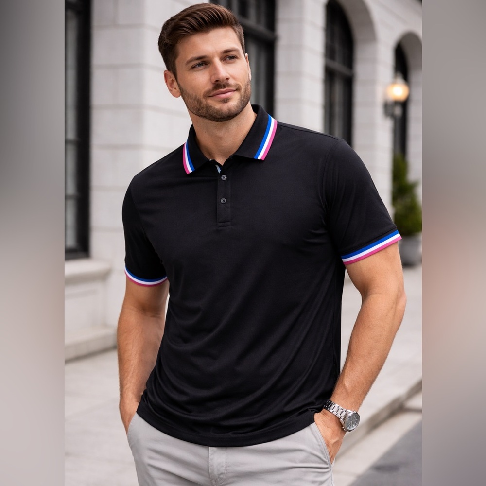 Society of Threads Slim Fit Polo Shirt Men’s‎ size Large black Multicolor Trim